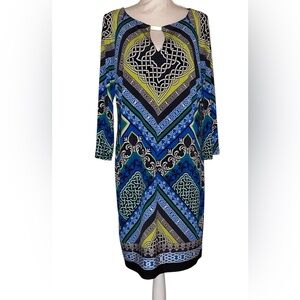 LAUNDRY by SHELLI SEGAL LA Midi Dress Geometrical Pattern Blue Gold SZ M
